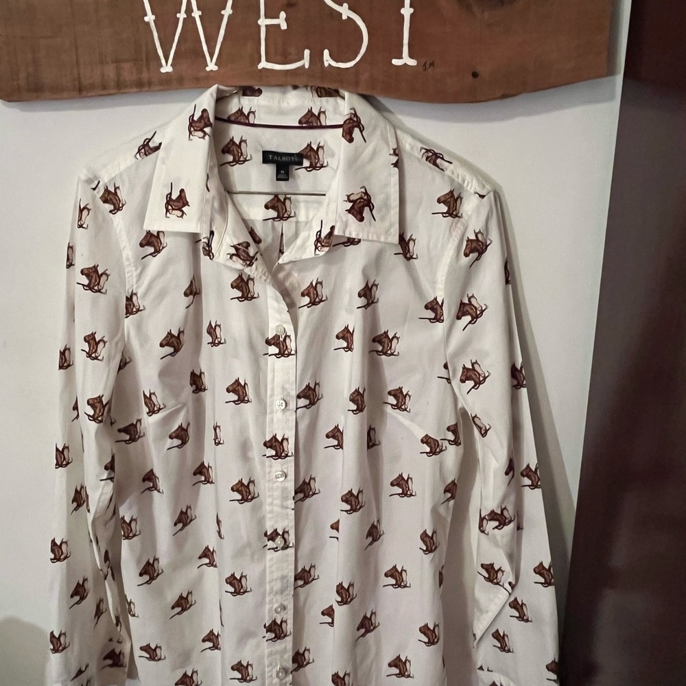 Talbots Equestrian Cream Blouse with Brown Horse Print
